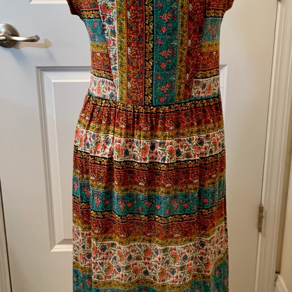 Free People Boho Patchwork Floral Print Short Sleeve high low Midi Dress M - Picture 7 of 7